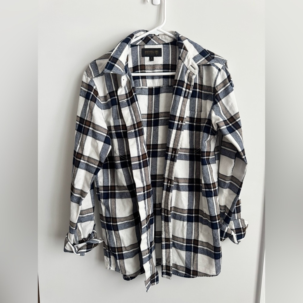 Plaid Button-Up Shirt - Navy, Brown, White